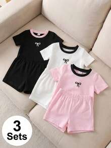SHEIN 3套/6件女嬰夏季套裝包，可愛蝴蝶結刺繡上衣配對比色滾邊圓領與配套短褲套裝，超柔軟輕盈透氣面料，簡約甜美休閒風，適合0-3歲，日常穿著、遊戲約會與度假的百搭套裝 - 彩色 - 查看 3