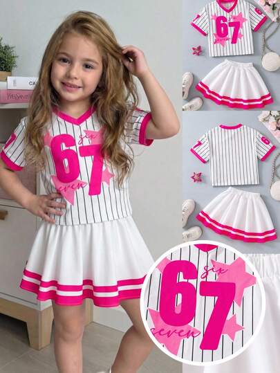 SHEIN Young Girls 67 Number & Alphabet Print T-Shirt & Skirt 2 Pieces Set, Cute 67th Party Outfit, Short Sleeve Top, Casual Streetwear, Summer, School, Back-To-School