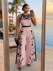 SHEIN Lady CURVE Plus Size Women Floral Print Backless Sleeveless Wide Leg Jumpsuit - Pink - View 4