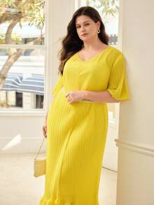 MOTF PREMIUM PLUS SIZE PLEATED LONG DRESS WITH BELT, COMFORTABLE FOR SPRING & SUMMER - Yellow - View 5