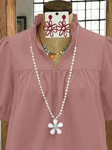 Linhara Blusa de manga corta abullonada de unicolor para mujer de talla grande, adecuada para el Día de San Valentín & primavera - Rosa vieja - Ver 3