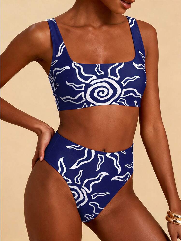 SHEIN Swim Vcay 女士休闲夏季沙滩派对无袖上衣（随机印花）和配套比基尼泳裤，两件套 - 藍白色 - 查看 6