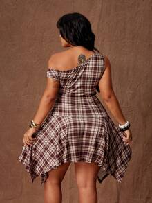 Rustia Vestido asimétrico de hombro con volante en la cintura a cuadros marrones para mujer de talla grande, vestido de verano de vacaciones para mujer, vestido elegante - Multicolor - Ver 2