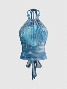 ROMWE Avant 度假贝壳和海螺印花水钻装饰修身女士吊带背心 - 藍色 - 查看 1