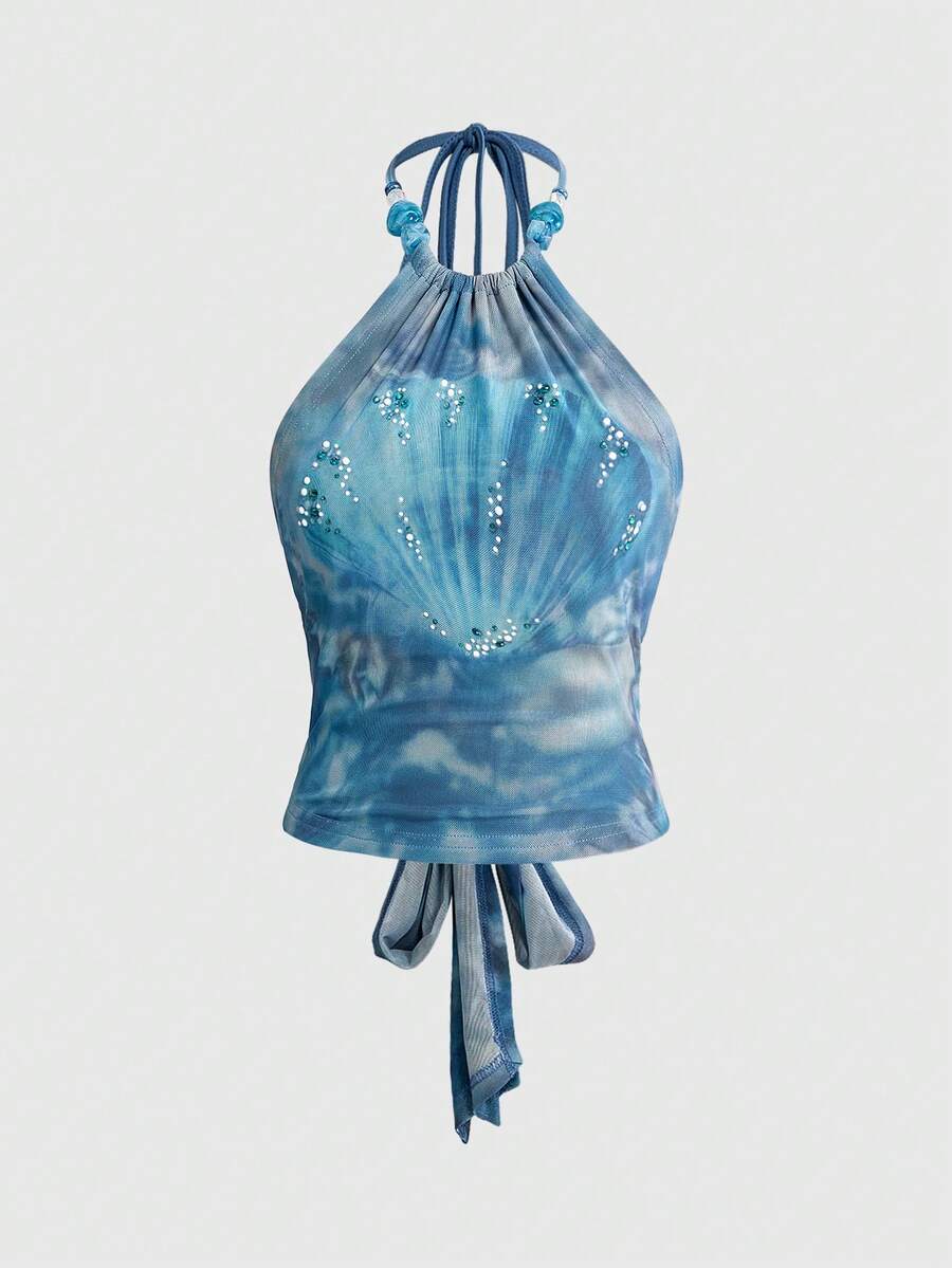 ROMWE Avant 度假贝壳和海螺印花水钻装饰修身女士吊带背心 - 藍色 - 查看 1