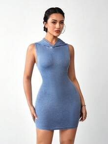 Jeanoix Đầm denim không tay ôm sát, có mũ trùm đầu, thiết kế hở lưng dành cho nữ - Màu xanh lam - Xem 7