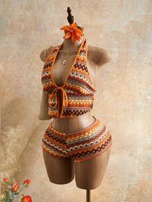Mistrie Women's Summer New Fashion Two-Piece Set, Colorful Breathable Textured Jacquard Sleeveless Halter Top With Tie And Low-Rise Shorts,Summer Tops,Summer Outfits,Summer Outfits For Women ,Summer Outfit For Women,Festival Outfits For Women,Beach Outfit For Women,Casual Sets For Women,Vacation Outfits Women,Holiday Outfits For Women,Summer Holiday Outfits,Vacation Outfits For Women, Outfits 2 Piece Set Hawaii Outfits Women 2 Piece - Orange - View 6