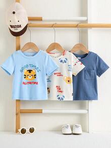 SHEIN 3件套男女宝宝休闲可爱动物印花圆领短袖蓝色针织T恤，3种颜色可选，适合春夏穿着 - 彩色 - 查看 5