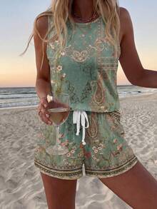 Sylviya Bộ đồ thể thao phong cách nghỉ dưỡng thường ngày dành cho nữ, gồm áo tank top cổ tròn và quần short, họa tiết hình học Paisley màu xanh lá cây, thích hợp cho kỳ nghỉ hè. - Nhiều màu - Xem 4