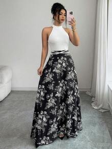 SHEIN Elenzya French Style Women's Summer New Arrival Distinctive Design Cinched Waist Floral Print Halter Neck Dress - Multicolor - View 7