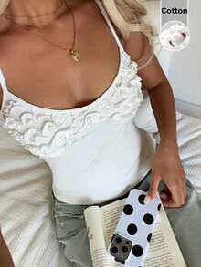CovetEZ 女士白色休闲层叠荷叶边吊带背心 - 白色 - 查看 4