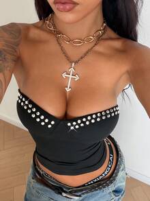 StreetHx Women's Y2K Rhinestone Embellished Cropped Camisole Top - Black - View 1