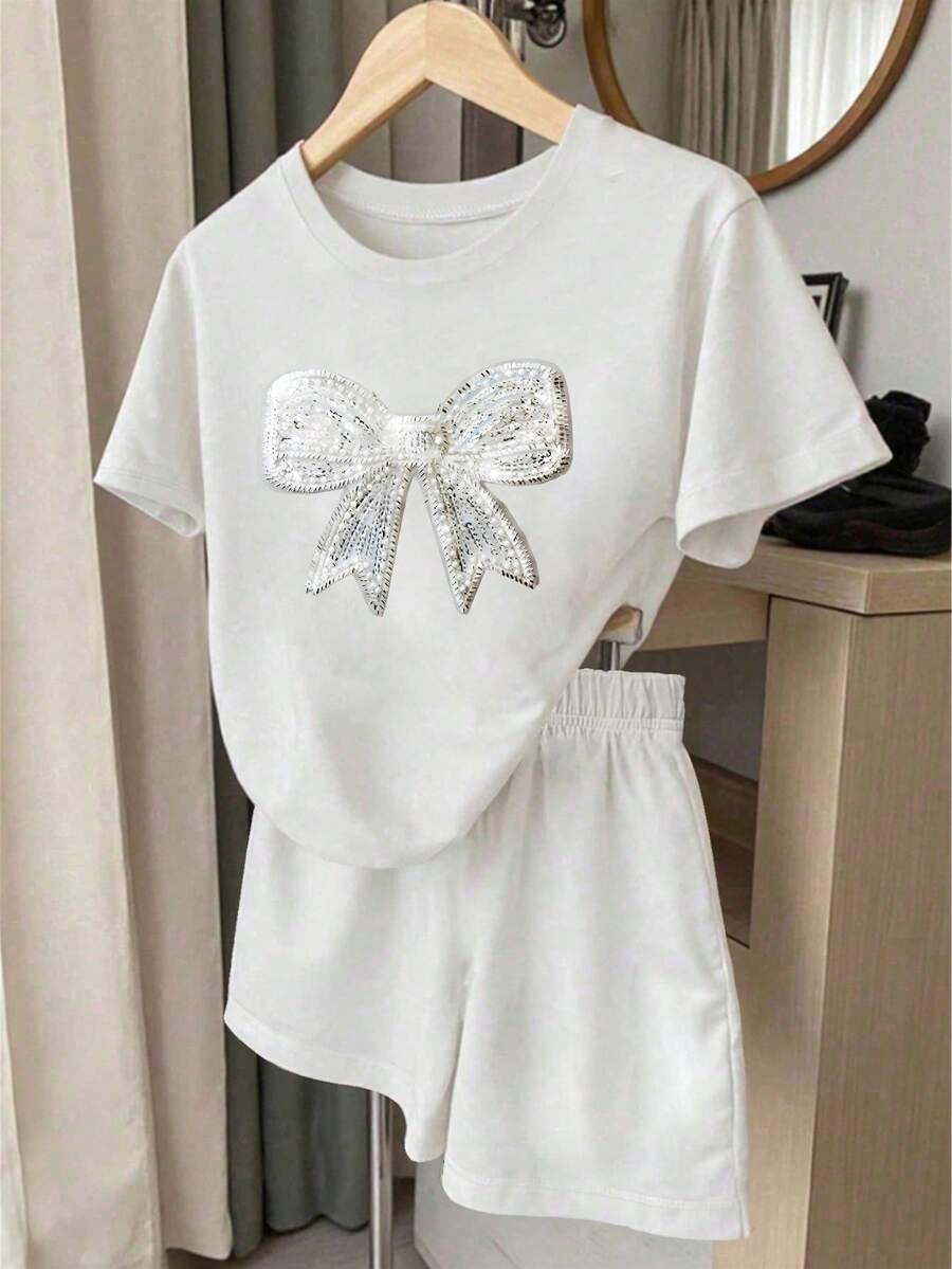 两件套少女甜美休闲套装，水钻蝴蝶结短袖T恤+宽松黑色短裤，适合春、夏、秋季日常休闲穿着，经典舒适的白色两件套，适合女孩和女性。 - 彩色 - 查看 1