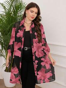 SHEIN Clasi 大码女式花卉印花荷叶边袖单排扣宽松长衬衫 - 彩色 - 查看 5