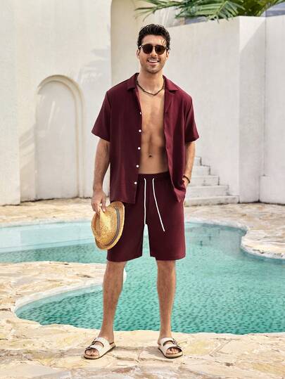 Mercer Haus 2pcs/Set Fashionable European Style Jacquard Casual Brand Loose Short Sleeve Shirt And Pants Beach Holiday Outfit, Suitable As Gift For Husband/Boyfriend