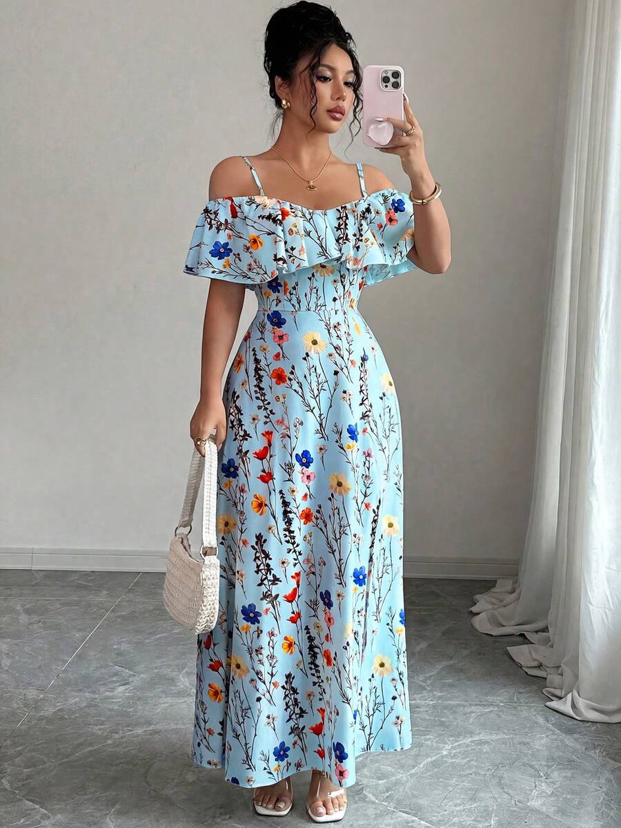 Elenzga Women's Summer Beach Holiday Tea Party Holiday Floral Print Cold Shoulder Ruffle Trim Waist Dress Light Blue Boho - Multicolor - View 1