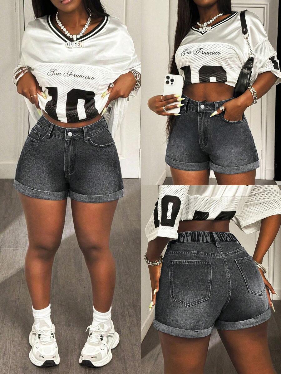 SHEIN SXY Pantalones cortos de mezclilla lavados informales para mujer de talla grande, verano - Gris Oscuro - Ver 1