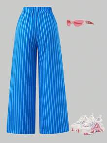 1pc Tween Girl Comfortable & Fashionable Blue & White Striped Wide Leg Pants, Designed With Cute Rabbit & "HAPPY EASTER" Graphic Elements, Suitable For Casual Wear, Home, School, And Outings - Multicolor - View 2