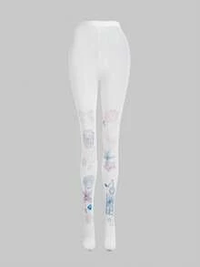 ROMWE Anime 1 par de calcetines de mujer de estilo punk Y2K con estampado de nota musical, de moda y sencillos, adecuados para el colegio, las compras, el transporte, etc. - Púrpura malva - Ver 3