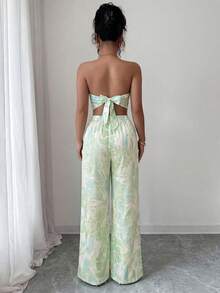 SHEIN Tall 露背系带蝴蝶结短款上衣和印花半裙两件套，优雅浪漫，度假必备 - 彩色 - 查看 2