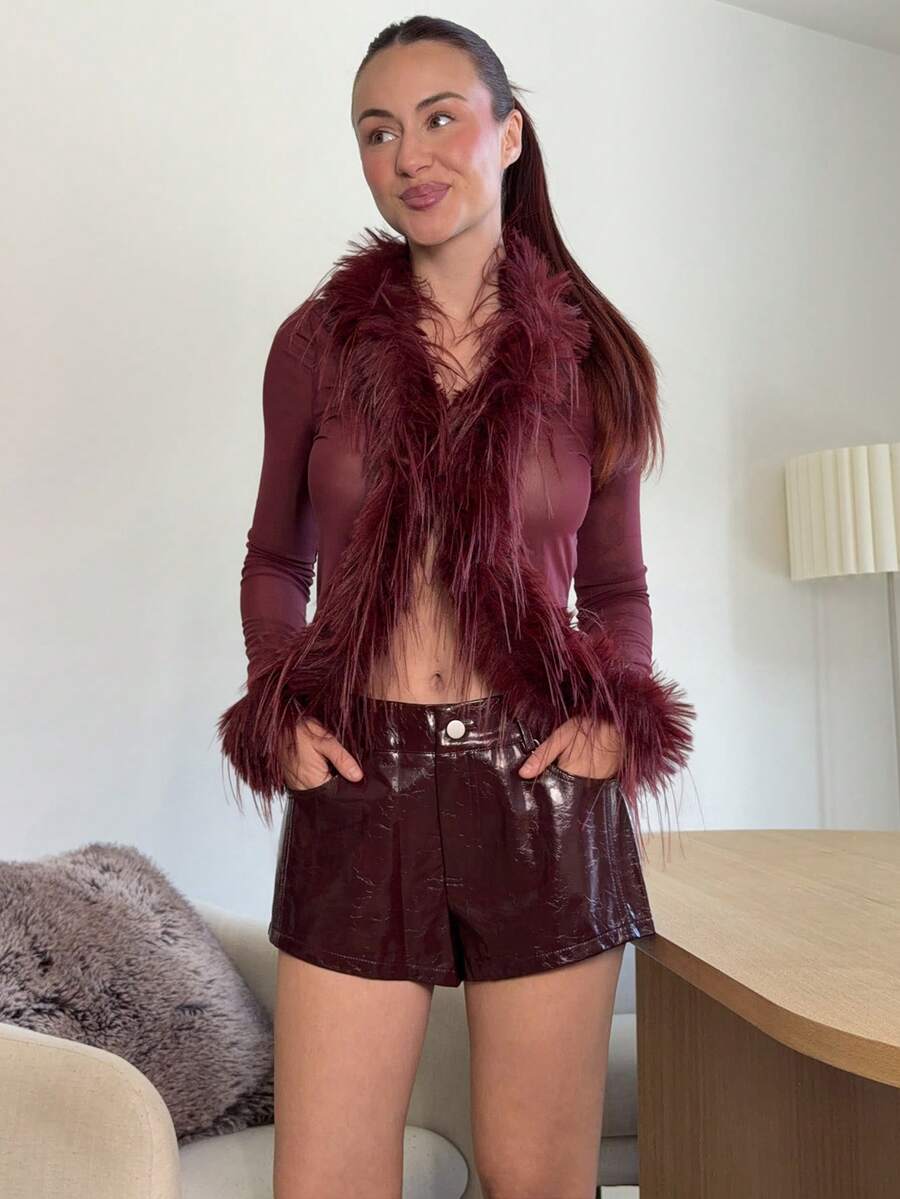 Abrilcols 女式人造毛皮拼布衣领和袖口透视网眼腰上衣