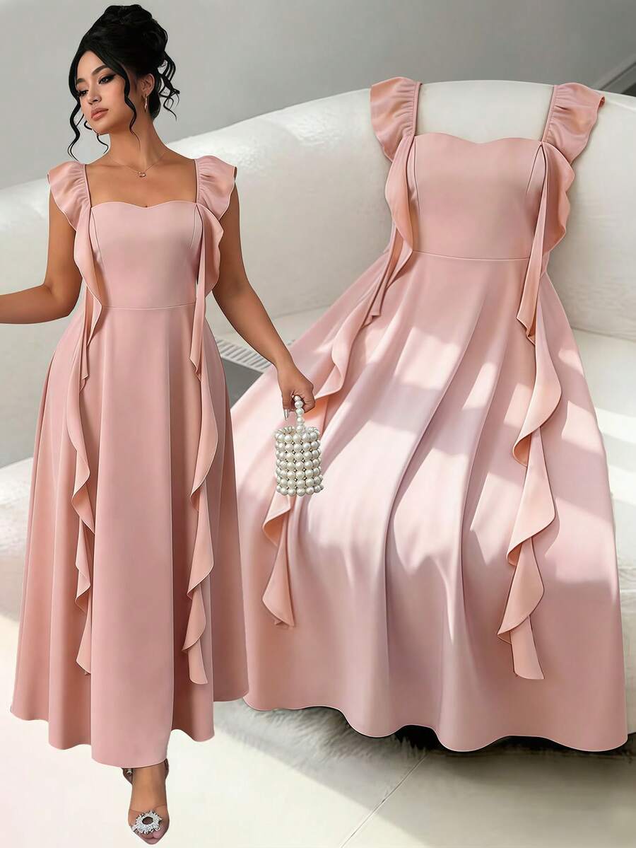 SHEIN Elenzya 大码女式早春淡粉色收腰荷叶领连衣裙 - 藕粉色 - 查看 1