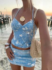 Firerie Áo hai dây hở lưng gợi cảm cổ chữ V phối ren hoa trang trí kim sa cho nữ, thích hợp cho kỳ nghỉ hè, tiệc tùng, lễ hội âm nhạc - Màu xanh lam - Xem 11