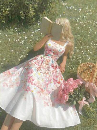 SHEIN MOD Vestido midi elegante con cintura fruncida y estampado floral para mujer