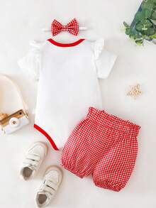 SHEIN Playful Pals Bộ áo liền quần tay ngắn in hình quả anh đào và quần short kẻ caro cho bé gái. - Đỏ - Xem 2