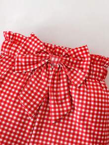 SHEIN Playful Pals Bộ áo liền quần tay ngắn in hình quả anh đào và quần short kẻ caro cho bé gái. - Đỏ - Xem 8