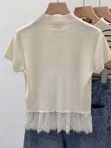 Franclia 女士休闲短袖蕾丝边针织上衣 - 杏色 - 查看 2