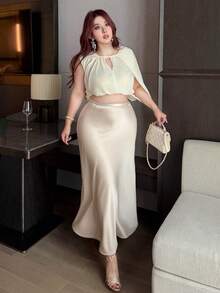 Dazy Plus Satin Fabric Fitted Elegant Business Casual Versatile Pleated Long Skirt, Suitable For Commuting, Plus Size Women, Fall Office Formal Beige - Beige - View 5