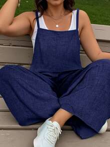EMERY ROSE Mono informal de cuello cuadrado con efecto de textura de mezclilla, talla grande - Azul Marino - Ver 3