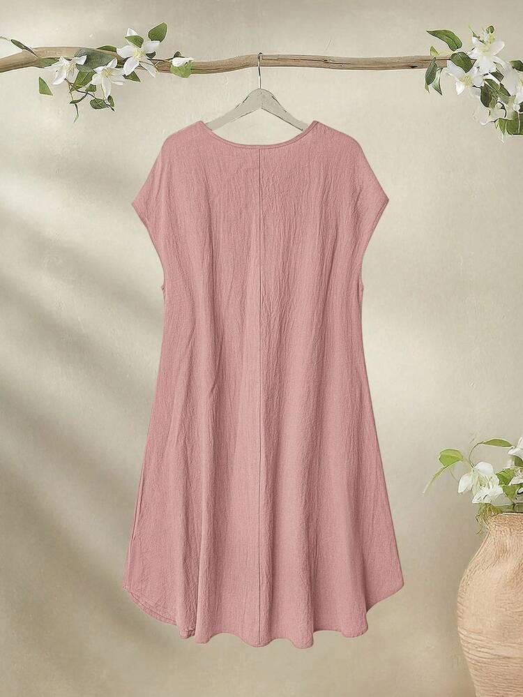 Plus Size Women Summer Casual Vacation Round Neck Short Sleeve Solid Color Pink Dress With Pockets,Plus Size Women Summer Holiday Country Casual Vacation Round Neck Short Sleeve Solid Color Pink Pocket Dress,Fall Women Clothes ,Summer Holiday,Vacation Outfits Women,Simple And Fashionable For Everyday Wear,Vacay Vibes,Springbreak,Casual Wear SS,Bohemia,Summer Dresses For Women,Flowy Dress,Comfortable And Breathable,Vacation, Daily Wear, Festival Outfits For Women,Country Concert Outfit,Beach Outfits For Women,Western Style