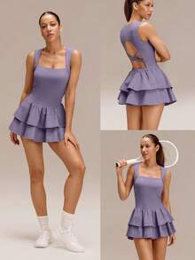 GLOWMODE Game On Buttery-Soft Quick-Dry Cups Removable Shorts Built-In Pockets Side Pockets Squareneck Cutout Back Tiered Tennis Dress Golf Pickleball Gym - Lilac Dream - View 9