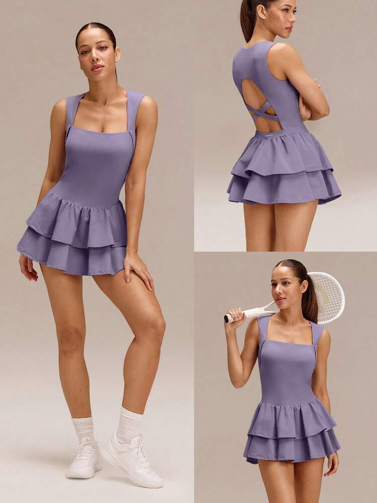 Vestido de Tênis com Decote Quadrado, Bolsos Laterais, Alças Removíveis, Secagem Rápida e Tecido Macio, Ideal para Golfe, Pickleball, Treino, Academia e Uso Casual Diário
