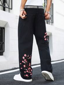 Manfinity EMRG Quần jeans ống rộng dáng suông cao cấp dành cho nam giới, thêu hoa anh đào, đã qua xử lý giặt. - màu đen - Xem 6