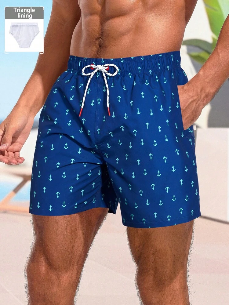 Manfinity KASUA Men's Drawstring Waist Pocket Allover Nautical Anchor Print Casual Beach Shorts - Royal Blue - View 3