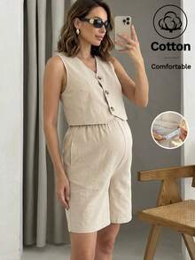 MaterniWear 2 piezas Conjunto casual de chaleco de maternidad de cuello en V sólido y abotonado y pantalones cortos con cintura ajustable - Albaricoque - Ver 1