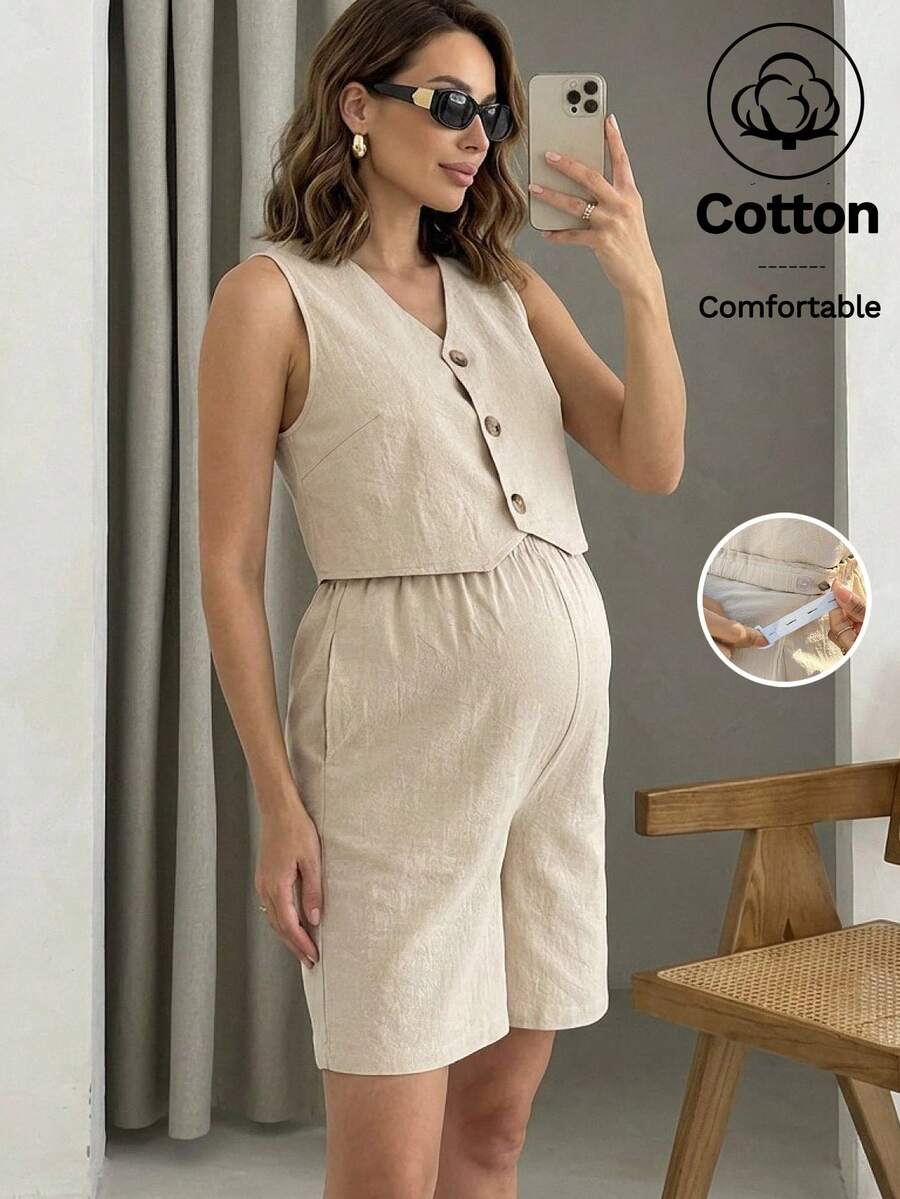 MaterniWear 2 piezas Conjunto casual de chaleco de maternidad de cuello en V sólido y abotonado y pantalones cortos con cintura ajustable - Albaricoque - Ver 1