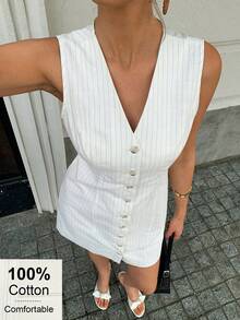 Elyressa Robe décontractée à col rond rayée sans manches avec décoration de boutons devant, longueur courte - Nude - Voir 1