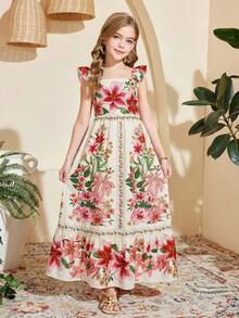 SHEIN Tween Girl Floral Print Cap Sleeve Elegant Vacation Dress - Multicolor - View 4