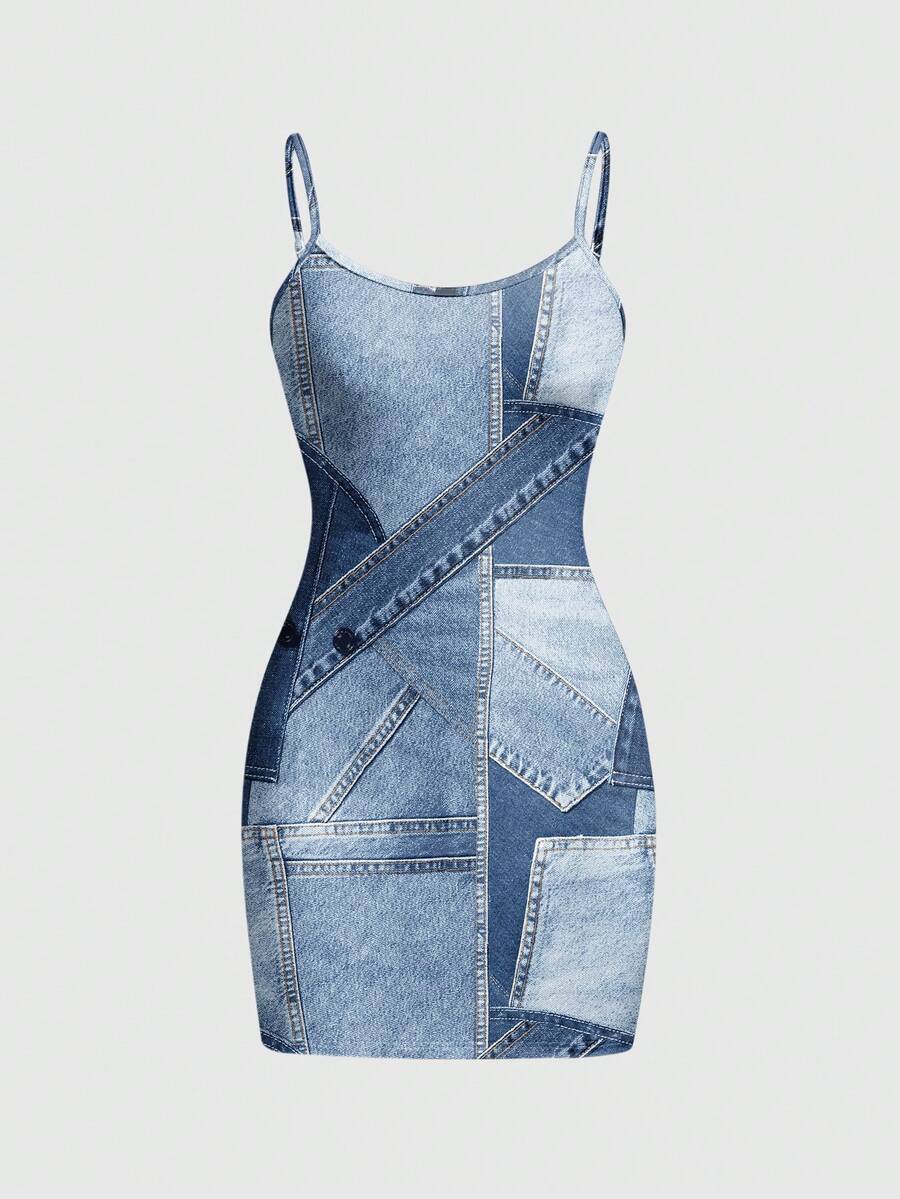 ROMWE Grunge Punk 仿牛仔印花面料性感复古朋克印花吊带修身迷你连衣裙 - 黑色 - 查看 1