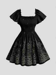 Sweetra Plus Size Square Neck Ruffle Sleeve Short Dress, Elegant Vintage Cute Faux Embroidery Pumpkin Brown Knee-Length A-Line Dress - Black - View 1