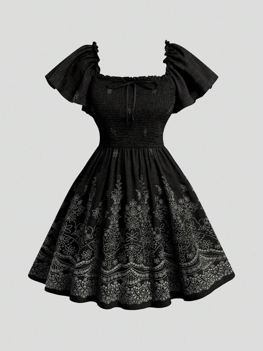 Sweetra Plus Size Square Neck Ruffle Sleeve Short Dress, Elegant Vintage Cute Faux Embroidery Pumpkin Brown Knee-Length A-Line Dress - Black - View 1