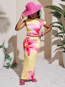 Tween Girl Floral Print Asymmetric Ruched Fitted Two Pieces Set, Casual Summer/Vacation Outfit, Two Piece Outfit, Skirt And Top Set, 2 Piece Summer Sets, Kids Girl Set, Floral Print Set - Mustard Yellow - View 7