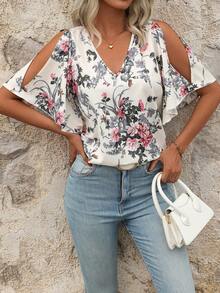 SHEIN Clasi 大码女式碎花露肩时尚上衣 - 彩色 - 查看 7