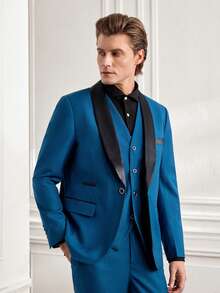 Officeau 男士时尚新款纯色修身弹力三件套西装套装，包括西装外套、背心、裤子，工作办公室正装 - 水鴨藍 - 查看 7