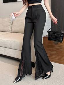 DAZY Women's Elegant Solid Color Lace Patchwork Flared Pants Women Dress Pants - Black - View 7