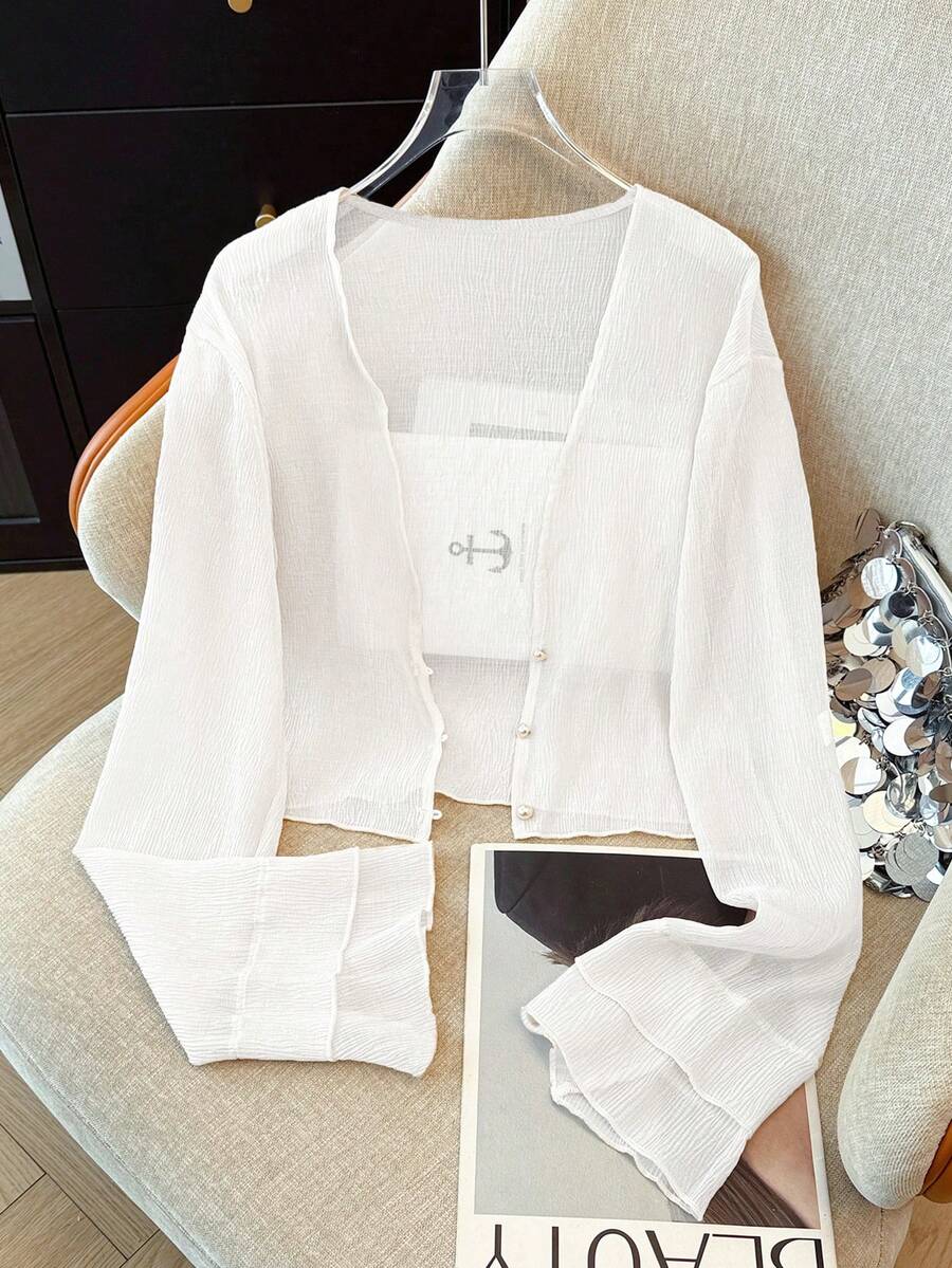 K-Vae Áo khoác cardigan mỏng nhẹ, tinh tế dành cho nữ, kiểu dáng ngắn cài khuy ngọc trai, thích hợp cho mùa hè. - trắng - Xem 1